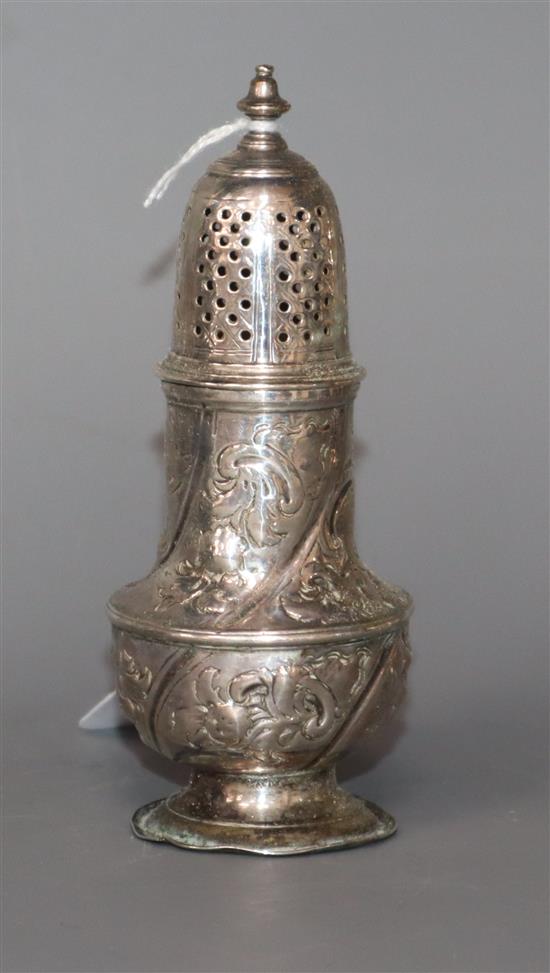 A George II silver caster, with later embossed decoration, Samuel Wood, London, 1736, 11.9cm.